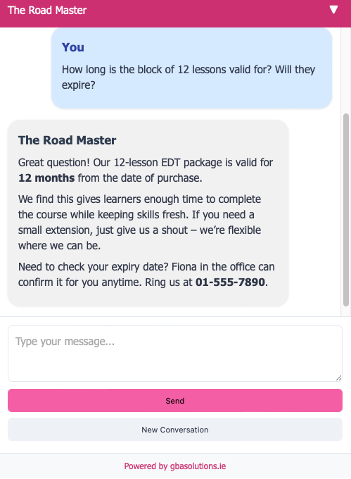 NatterNinja AI assistant answering driving lesson inquiries for potential students