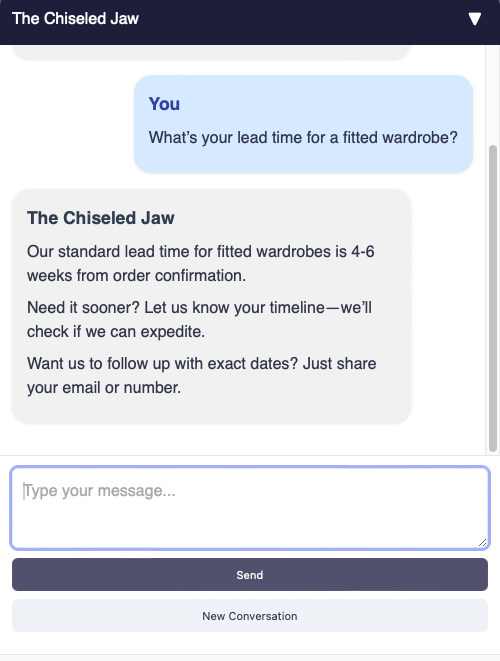 NatterNinja chat widget showing AI responses to customer inquiries